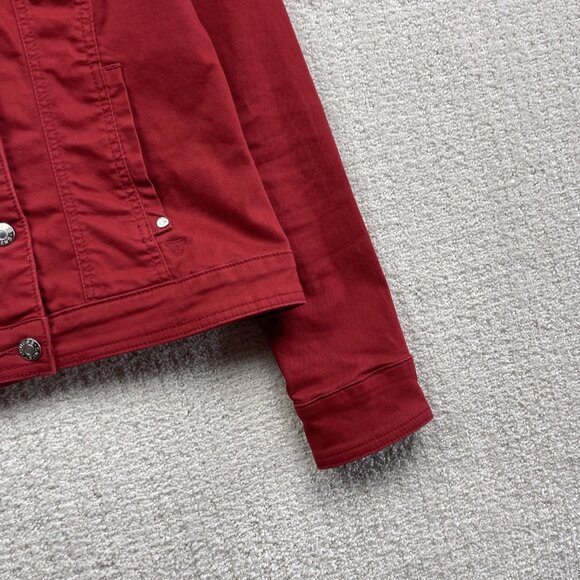 Y2K Guess Denim Jacket Wom M Cherry Red Button Up Jean Trucker Biker Retro - Picture 4 of 11